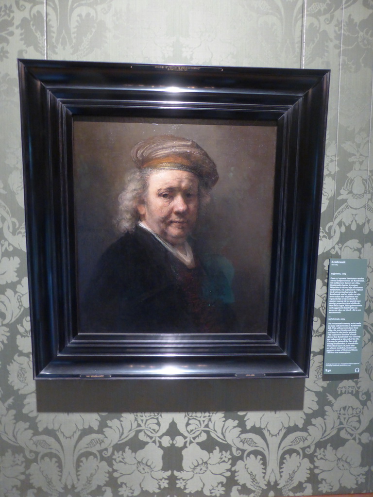 Self-portrait by Rembrandt van Rijn, with explanation, at Room 10 at the Second Floor of the Mauritshuis museum