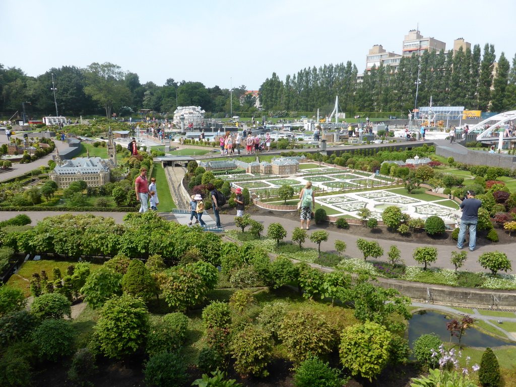 Scale models of the Peace Palace of The Hague, the Het Loo Palace of Apeldoorn and the Huis ten Bosch palace of The Hague at the Madurodam miniature park, viewed from the south road