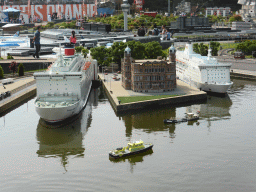 Scale model of the Holland-Amerika Lijn building and boats in the Rotterdam harbour at the Madurodam miniature park
