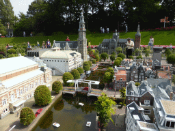Scale models of a canal of Amsterdam with the Westerkerk church and the Carré Theatre at the Madurodam miniature park