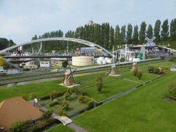 Scale models of windmills and a bridge at the Madurodam miniature park