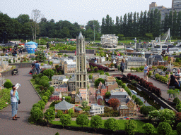 Scale models of the Dom Tower of Utrecht, the Erasmusbrug bridge of Rotterdam and other buildings, and the `Fantasitron` and `Panorama Vlucht` attractions at the Madurodam miniature park, viewed from the south road