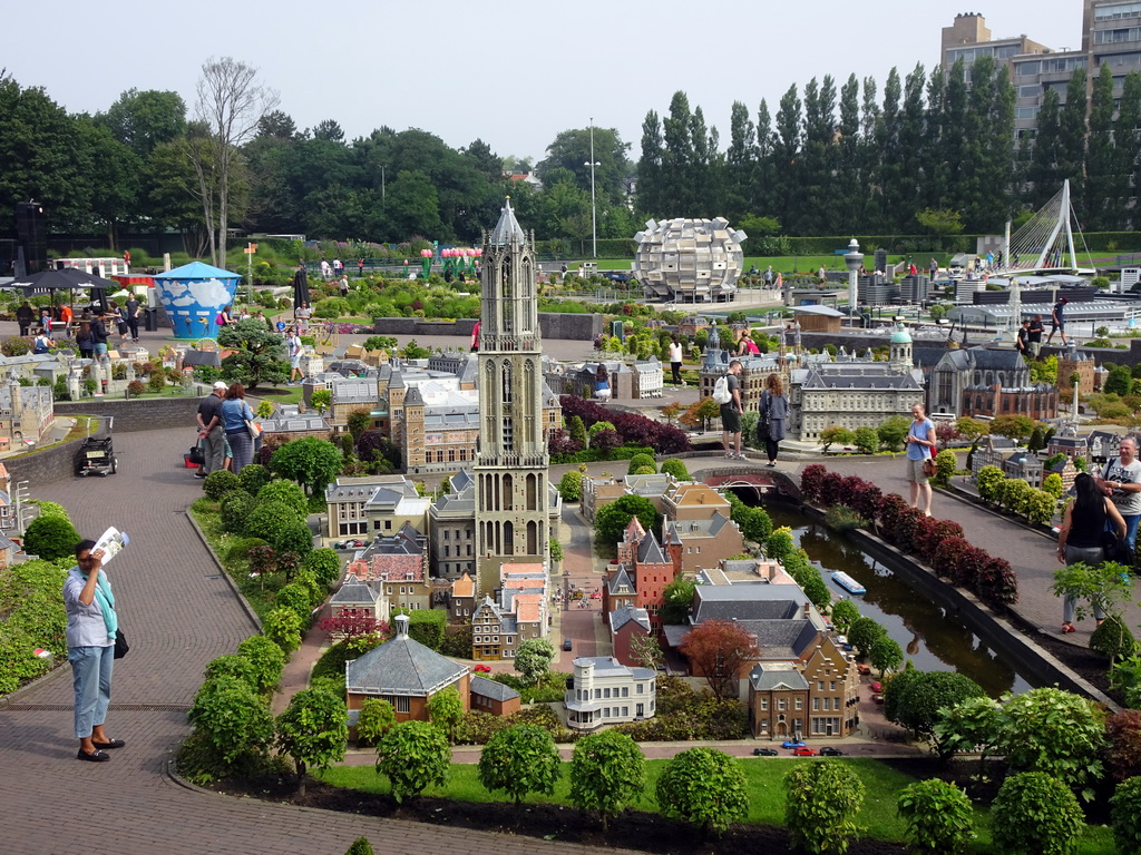 Scale models of the Dom Tower of Utrecht, the Erasmusbrug bridge of Rotterdam and other buildings, and the `Fantasitron` and `Panorama Vlucht` attractions at the Madurodam miniature park, viewed from the south road
