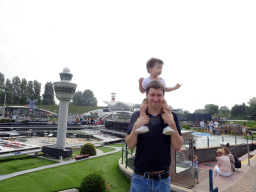 Tim and Max in front of the scale model of Schiphol Airport at the Madurodam miniature park