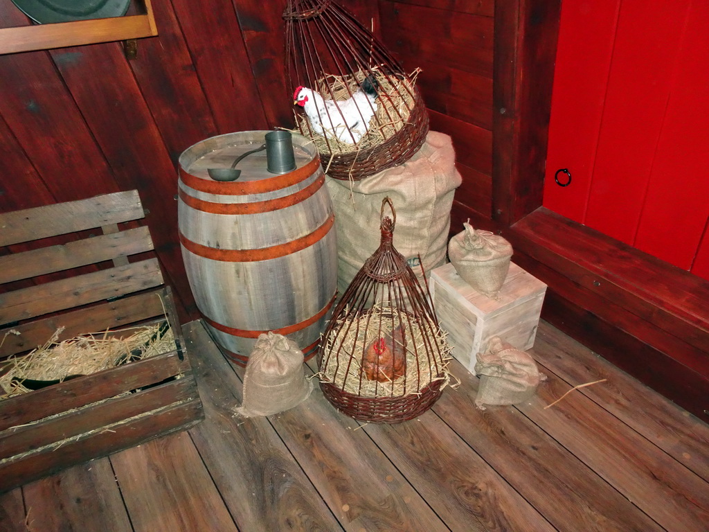 Chickens in the interior of a ship in the `Nieuw Amsterdam` attraction at the Madurodam miniature park