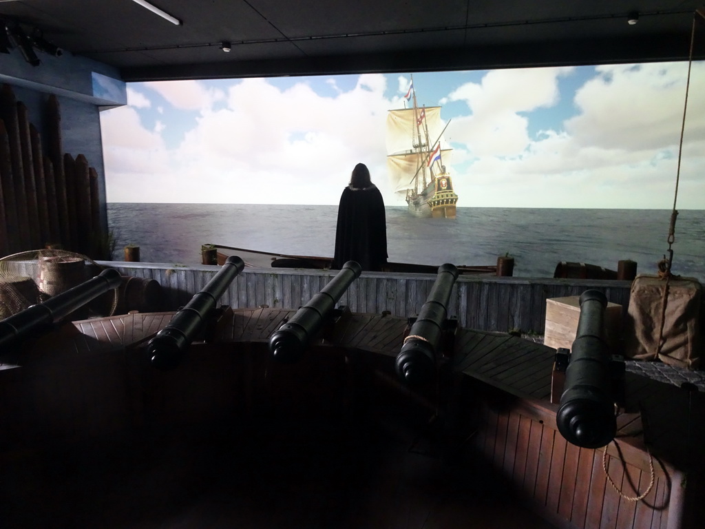 Cannons, wax statue of Peter Stuyvesant and a big screen in the `Nieuw Amsterdam` attraction at the Madurodam miniature park