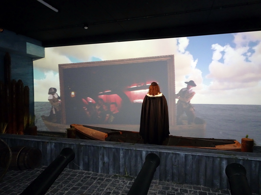 Cannons, wax statue of Peter Stuyvesant and a big screen in the `Nieuw Amsterdam` attraction at the Madurodam miniature park