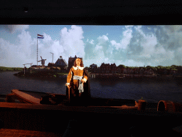 Wax statue of Peter Stuyvesant and a big screen in the `Nieuw Amsterdam` attraction at the Madurodam miniature park