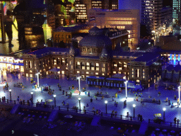 Scale models of the Kurhaus building and other buildings at the The Hague Miniland at the Legoland Discovery Centre, by night