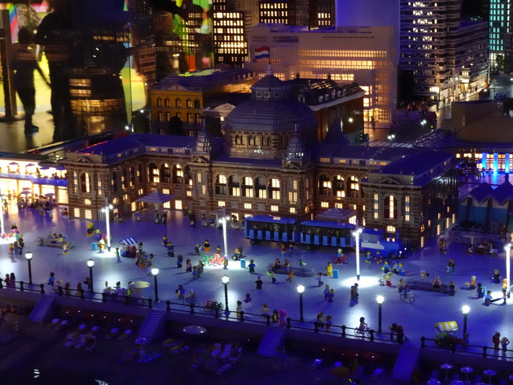 Scale models of the Kurhaus building and other buildings at the The Hague Miniland at the Legoland Discovery Centre, by night