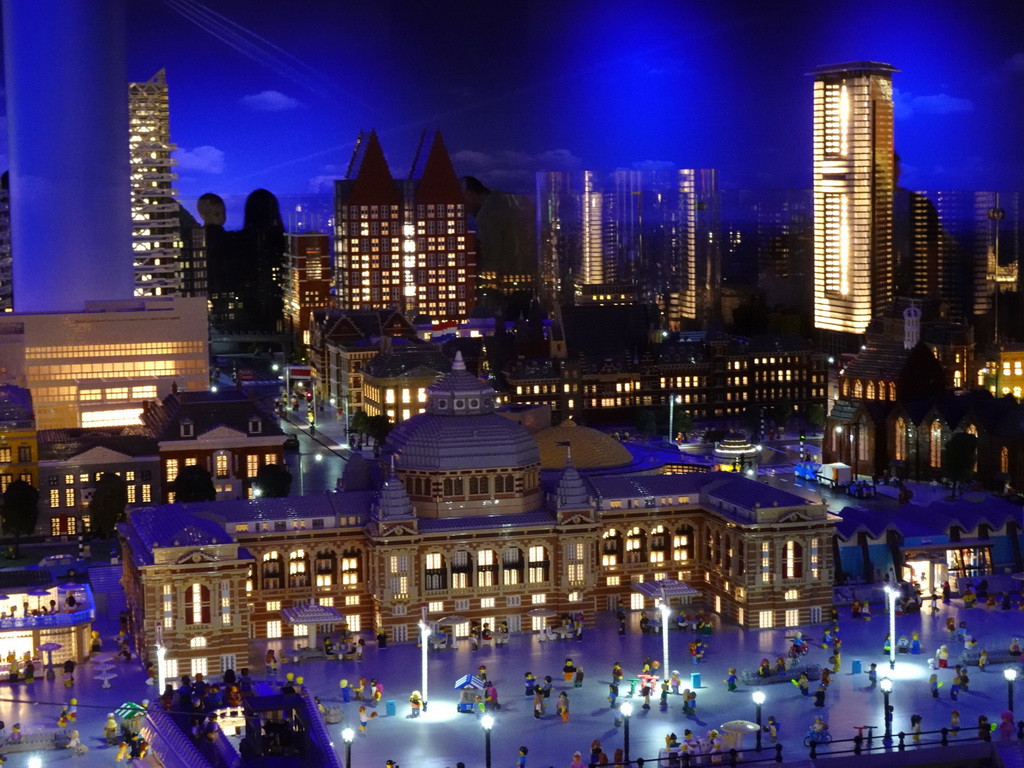 Scale models of the Kurhaus building and other buildings at the The Hague Miniland at the Legoland Discovery Centre, by night