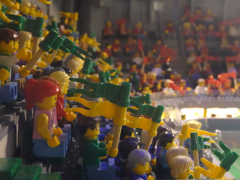 Lego football supporters in the scale model of the Cars Jeans Stadium at the The Hague Miniland at the Legoland Discovery Centre