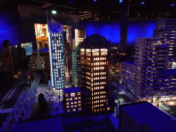 Scale models of the skyscrapers of The Hague at the The Hague Miniland at the Legoland Discovery Centre, by night