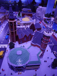 Scale models of the Circustheater Scheveningen, the St. James` Church, the Sting store and other buildings at the The Hague Miniland at the Legoland Discovery Centre, by night