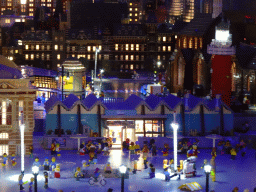Scale models of the Sea Life Scheveningen and other buildings at the The Hague Miniland at the Legoland Discovery Centre, by night