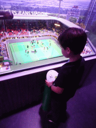 Max with the scale model of the Cars Jeans Stadium at the The Hague Miniland at the Legoland Discovery Centre