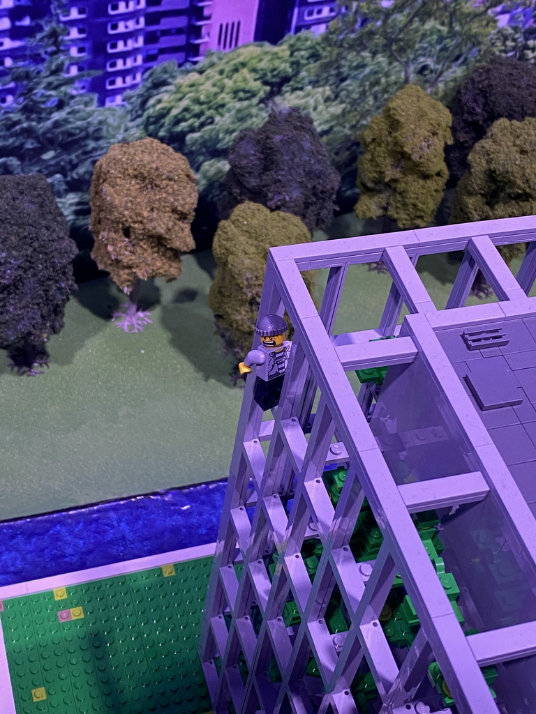 Lego criminal at a scale model of office buildings at the The Hague Miniland at the Legoland Discovery Centre