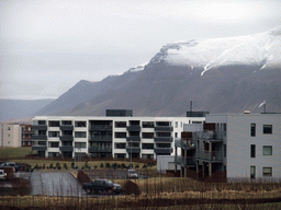 Mount Esja and apartment buildings at Mosfellsbær