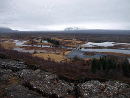 The Þingvallakirkja church and surroundings at the north side of the Þingvallavatn Lake and the Almannagjá fault, viewed from the viewing point at the visitor centre of Þingvellir National Park