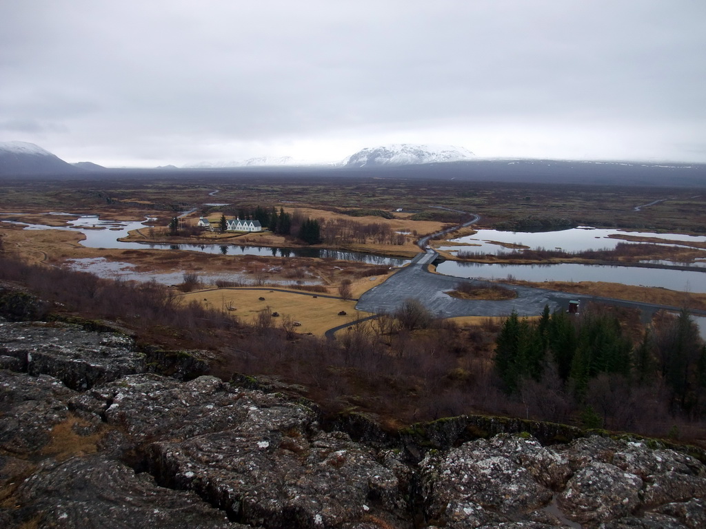 The Þingvallakirkja church and surroundings at the north side of the Þingvallavatn Lake and the Almannagjá fault, viewed from the viewing point at the visitor centre of Þingvellir National Park