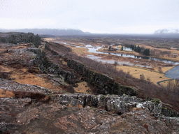 The Þingvallakirkja church and surroundings at the north side of the Þingvallavatn Lake and the Almannagjá fault, viewed from the viewing point at the visitor centre of Þingvellir National Park