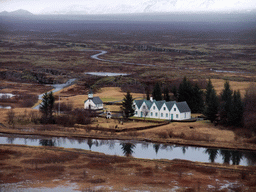 The Þingvallakirkja church and surroundings at the north side of the Þingvallavatn Lake, viewed from the viewing point at the visitor centre of Þingvellir National Park