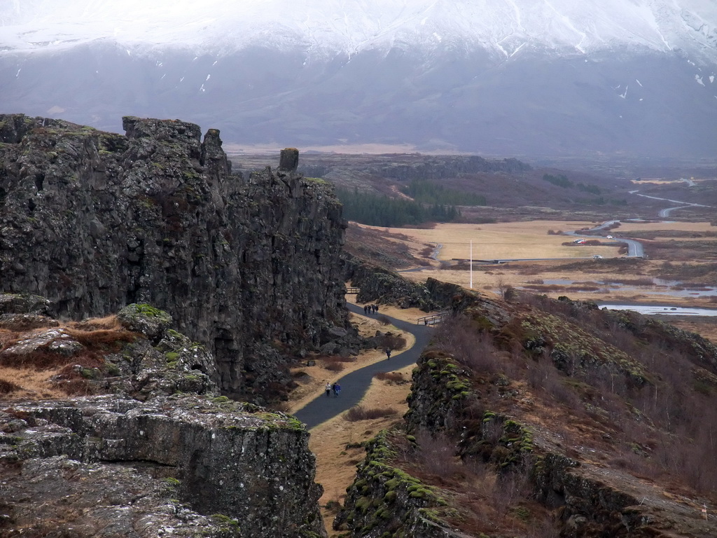 The Lögberg (Law Rock) at the Almannagjá fault, viewed from the viewing point at the visitor centre of Þingvellir National Park
