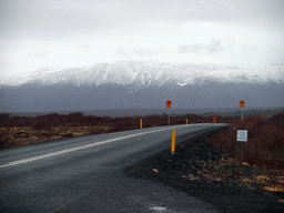 The Þingvallavegur road to Geysir and mountains on the northeast side of Þingvellir National Park