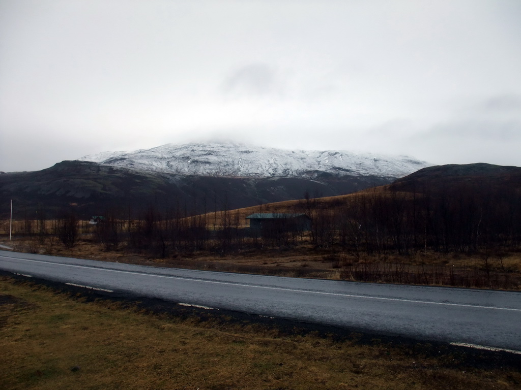 The Biskupstungnabraut road to Geysir and mountains to the northwest of Geysir