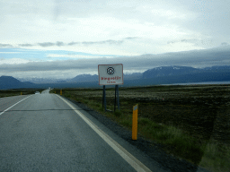 Sign for the the Þingvellir National Park along the Þingvallavegur road, viewed from the rental car