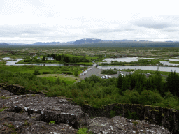 Þingvellir National Park with the Þingvellir Church and houses, and the north side of Þingvallavatn lake, viewed from the Hakið Viewing Point