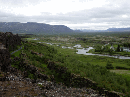 Þingvellir National Park with the Almannagjá Gorge, Þingvellir Church and houses, and the north side of Þingvallavatn lake, viewed from the Hakið Viewing Point