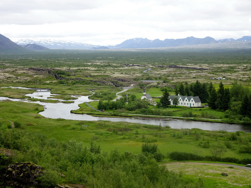 Þingvellir National Park with the Þingvellir Church and houses, viewed from the Hakið Viewing Point