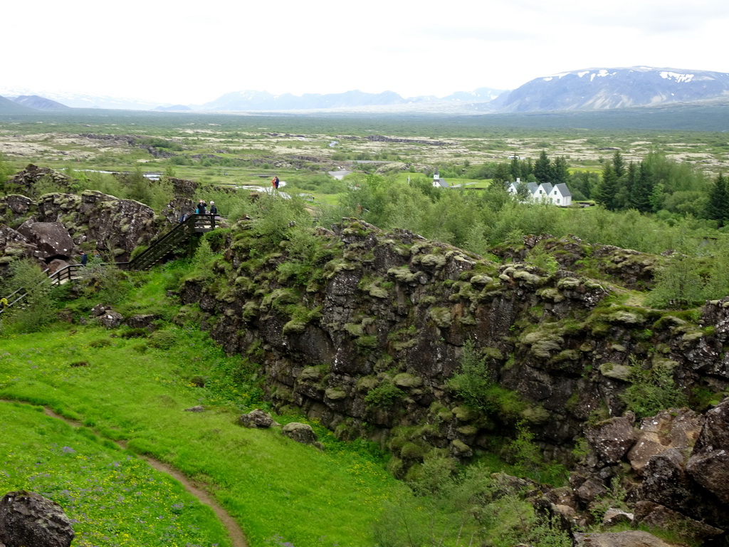 Þingvellir National Park with the Þingvellir Church and houses, viewed from the path through the Almannagjá Gorge