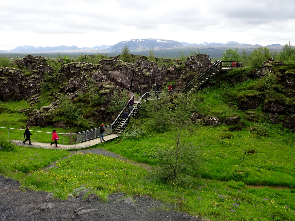 Staircase to a viewpoint at the Almannagjá Gorge at Þingvellir National Park