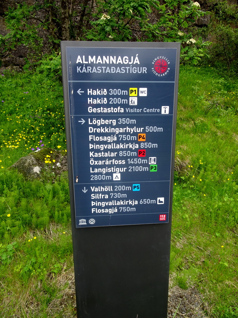 Signpost at the Almannagjá Gorge at Þingvellir National Park