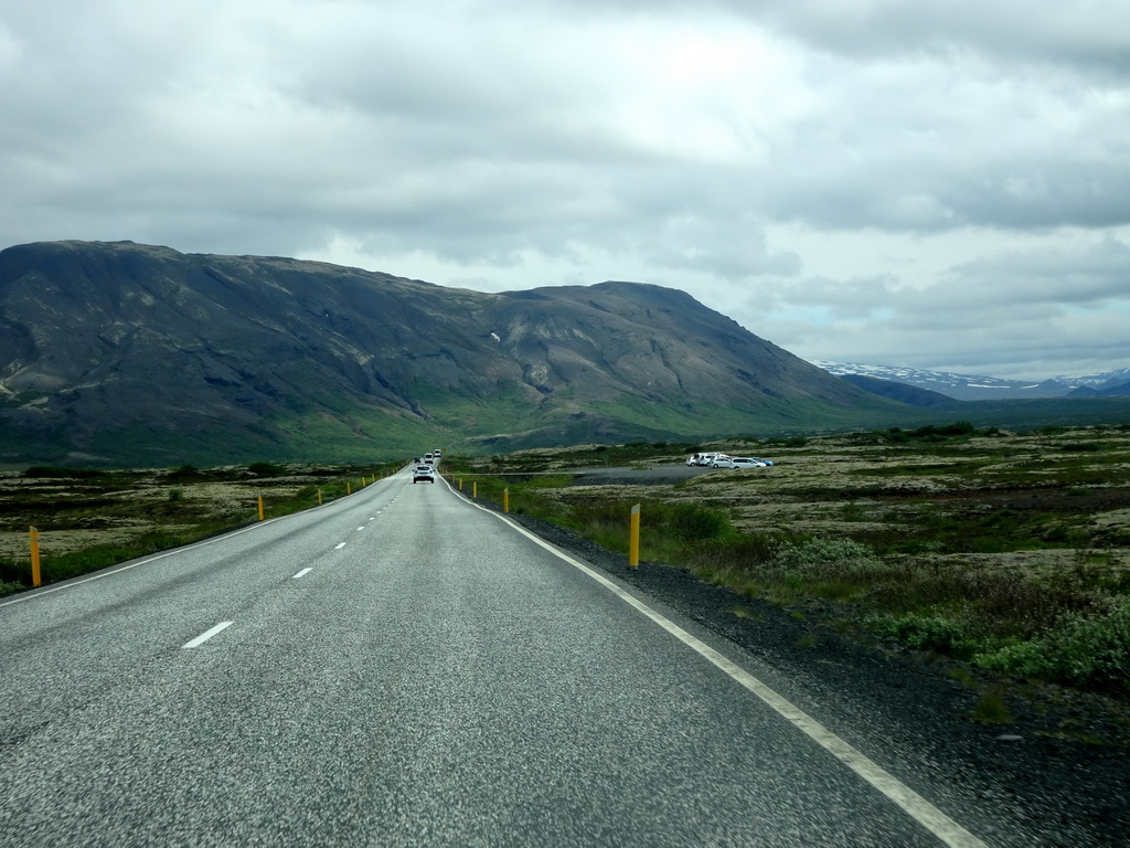 The Þingvallavegur road and mountains, viewed from the rental car