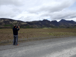 Miaomiao`s father with the Lyngdalsheiðarvegur road and mountains