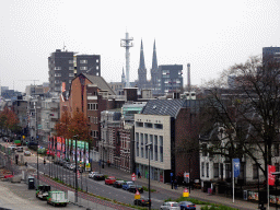 The Spoorlaan street, a telecommunications tower and the towers of the Sint-Jozefkerk church, viewed from the top floor of the Knegtel Parking Garage