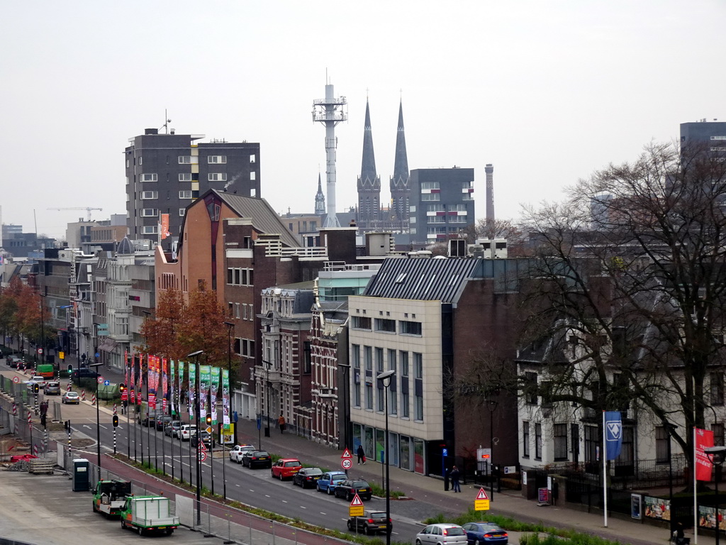 The Spoorlaan street, a telecommunications tower and the towers of the Sint-Jozefkerk church, viewed from the top floor of the Knegtel Parking Garage
