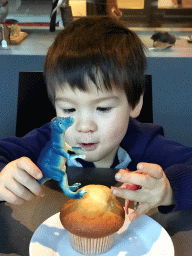 Max with dinosaur toys and a muffin at the Museumcafé at the ground floor of the Natuurmuseum Brabant