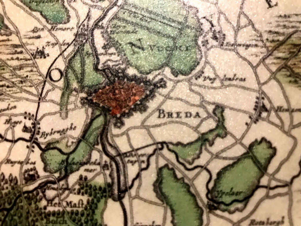 Detail of the city of Breda on an old map of the province of Brabant, at the `Jouw Brabant, mijn Brabant - een landschap vol herinneringen` exhibition at the first floor of the Natuurmuseum Brabant