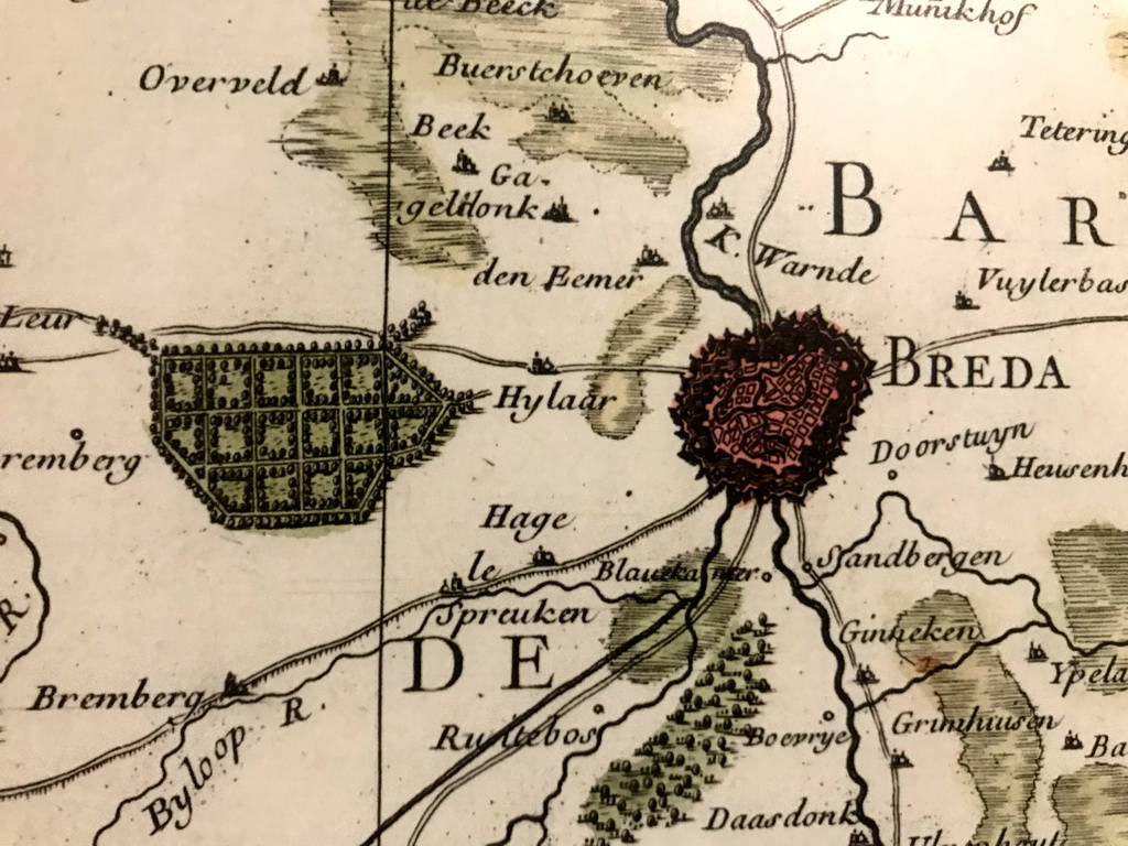 Detail of the city of Breda on an old map of the province of Brabant, at the `Jouw Brabant, mijn Brabant - een landschap vol herinneringen` exhibition at the first floor of the Natuurmuseum Brabant