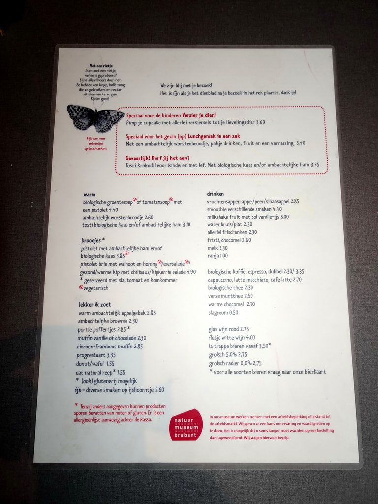 Menu of the Museumcafé at the ground floor of the Natuurmuseum Brabant