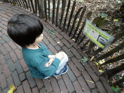 Max with a sign at the White-faced Capuchins at the Dierenpark De Oliemeulen zoo