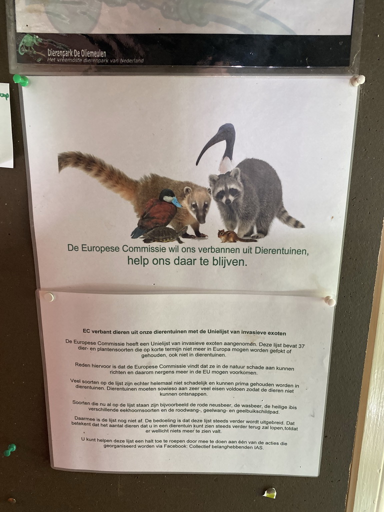 Information on the banning of invasive exotics at the Ground Floor of the main building of the Dierenpark De Oliemeulen zoo