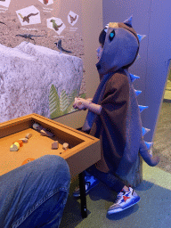 Max with dinosaur clothes doing a puzzle game at the `Vreemde vogels, die dino`s` exhibition at the second floor of the Natuurmuseum Brabant
