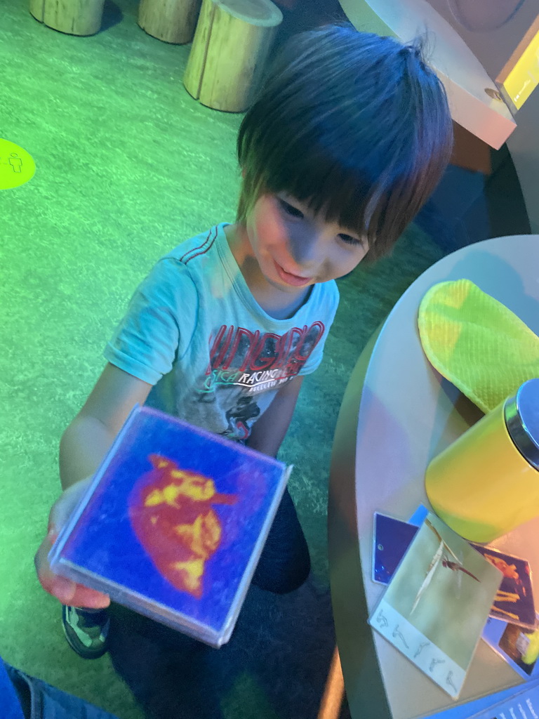 Max playing a heat sensor game at the `Beleef Ontdek Samen: BOS` exhibition at the second floor of the Natuurmuseum Brabant