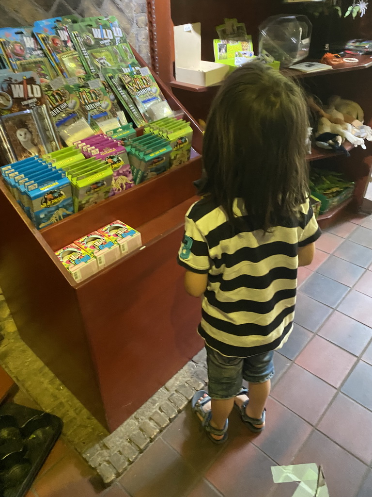 Max at the souvenir shop at the Ground Floor of the main building of the Dierenpark De Oliemeulen zoo