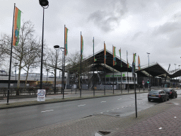 Front of the Tilburg Railway Station at the Spoorlaan street, with carnaval banners